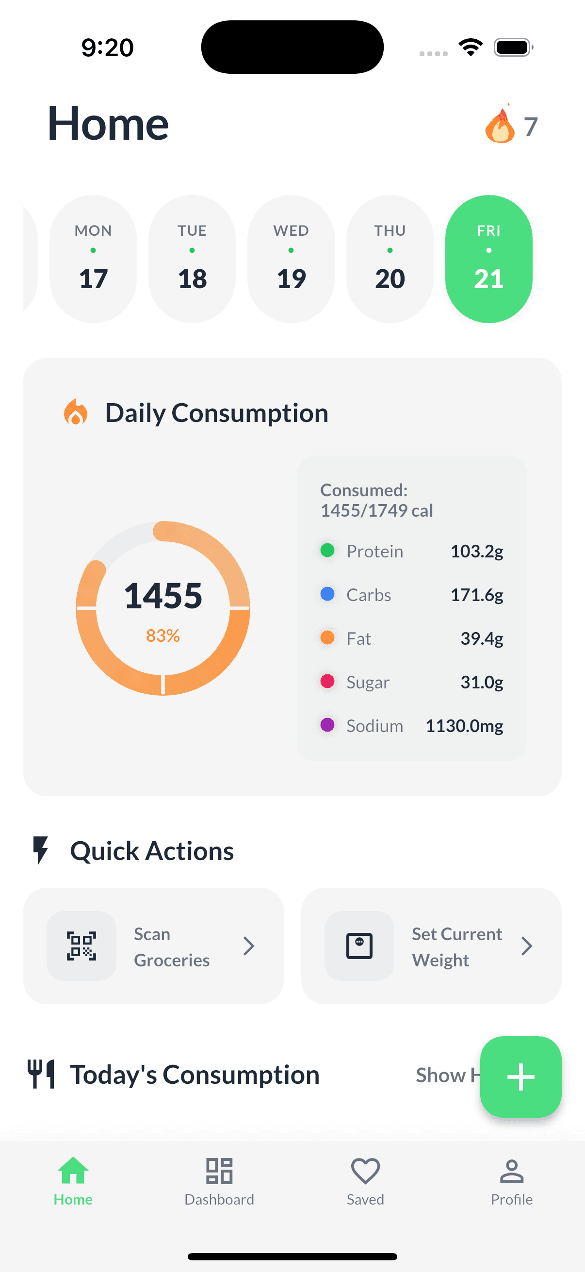Calorina app dashboard screenshot