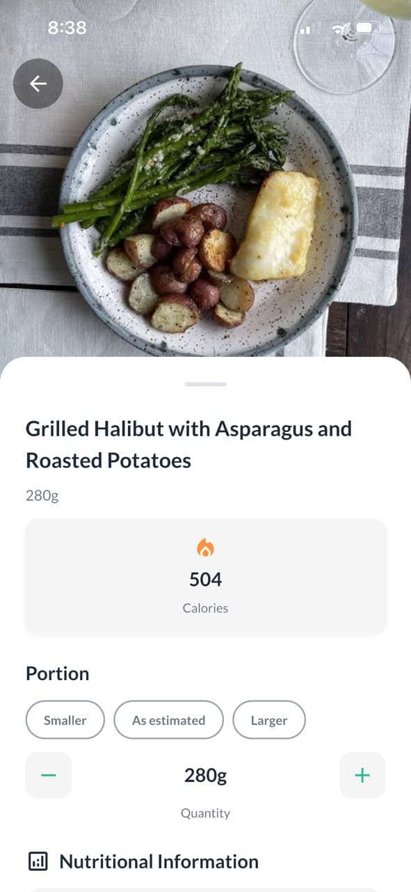 Calorina food details for grilled halibut, 504 calories, with portion controls