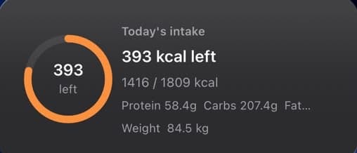 Home screen widget showing 393 kcal left, macros, and weight